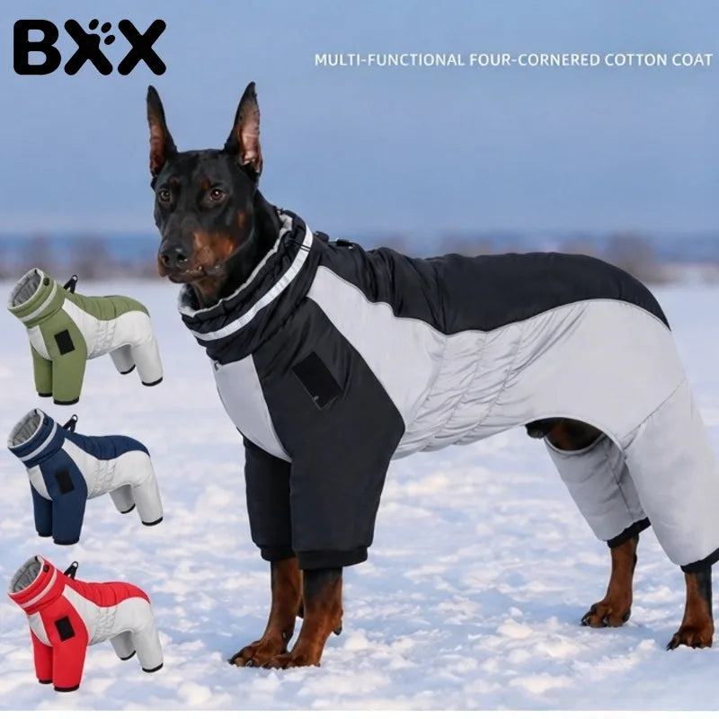 BXX Thick Winter Outdoor Dog Windbreaker, Reflective Four‑Legged Warm Pet Jacket for Medium & Large Dogs